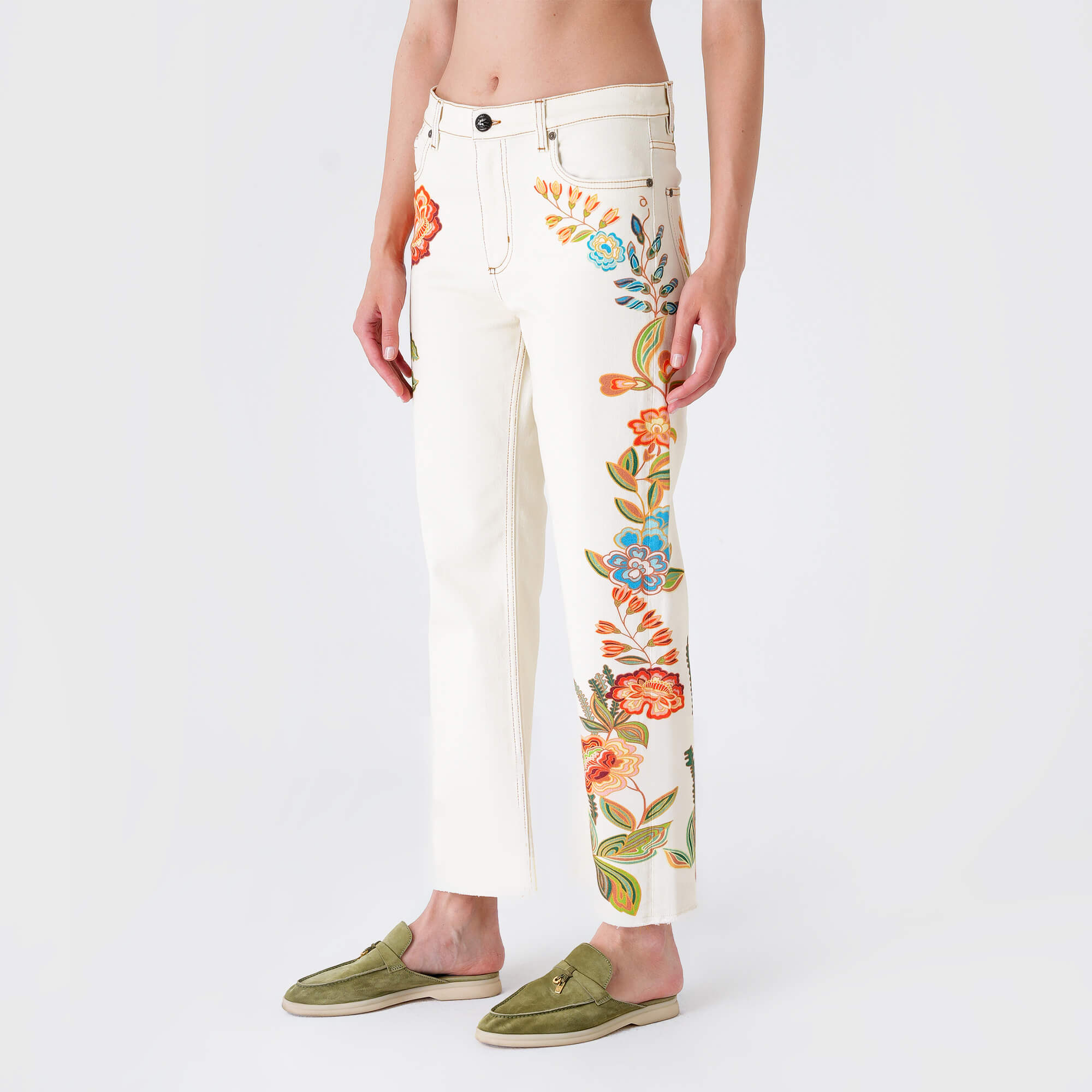 Etro - Cream Denim&Orange Floral Embossed Flare Jean Pants